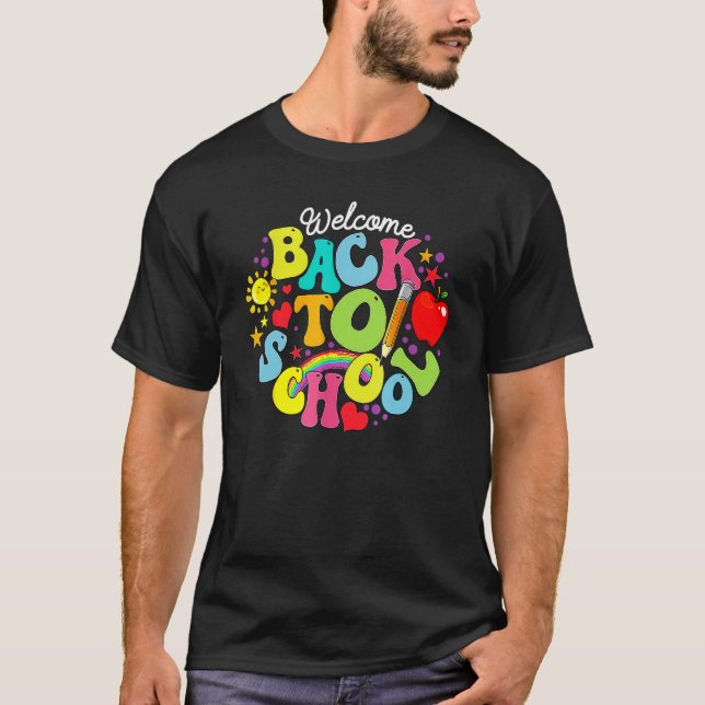 Camiseta Groovy Welcome Back To School Rainbow Pencil Teach (Anverso)