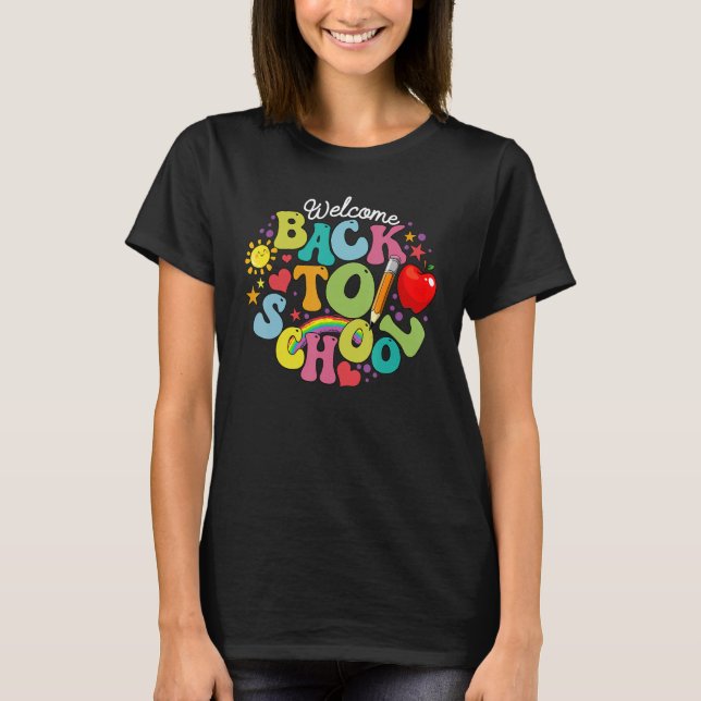 Camiseta Groovy Welcome Back To School Rainbow Pencil Teach (Anverso)