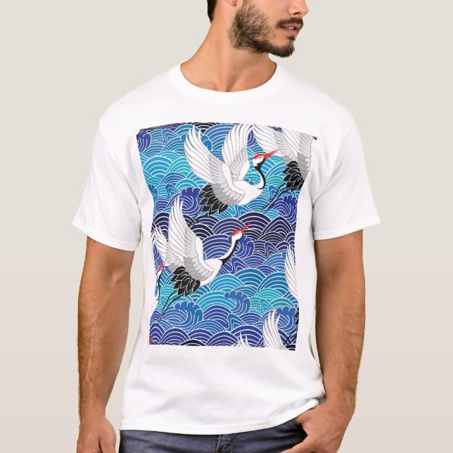 Camiseta Grúa japonesa: Patrón de pájaro ordenado. (Anverso)