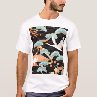 Camiseta Grullas, garzas: Patrón de pájaros japoneses.