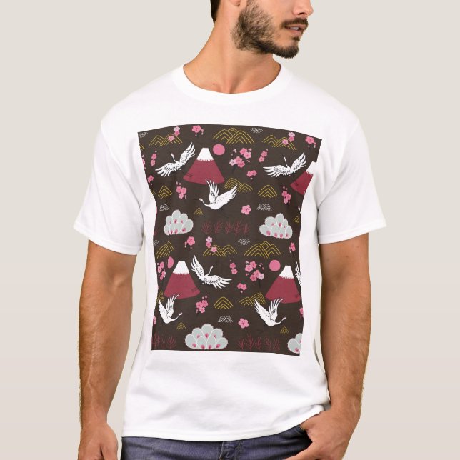 Camiseta Grullas Japonesas: Patrón tradicional sin foco (Anverso)