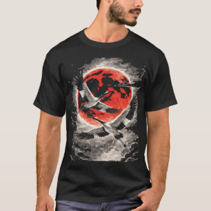 Camiseta Grullas volando en luna roja - Arte japonés