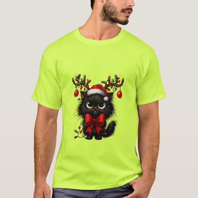 Camiseta Grumpy Christmas Cat with Santa Hat and Antlers (Anverso)