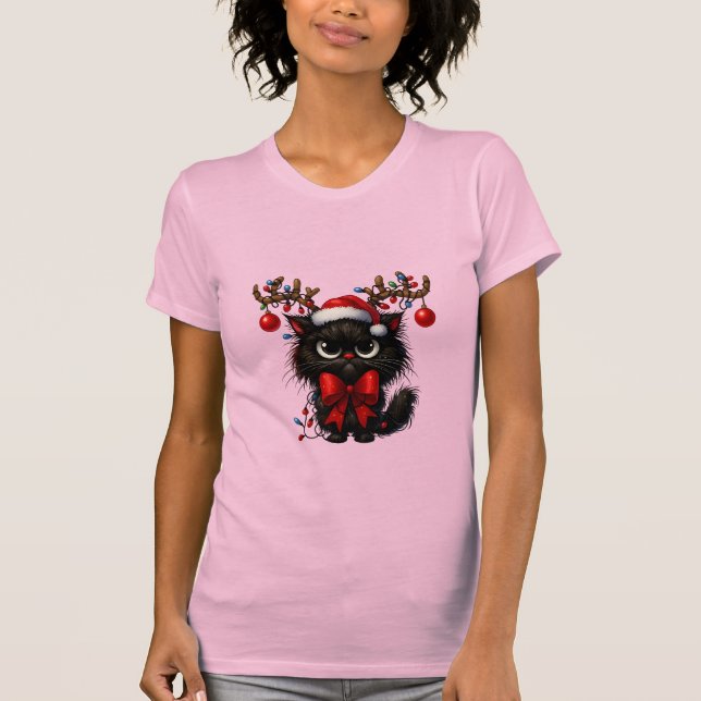 Camiseta Grumpy Christmas Cat with Santa Hat and Antlers (Anverso)