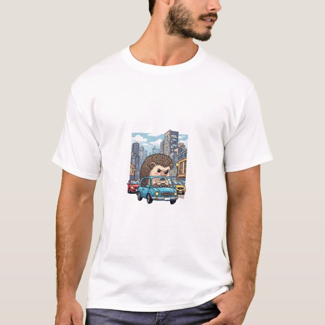 Camiseta Grumpy Hedgehog Road Rage Driving Blue Car in City (Anverso)