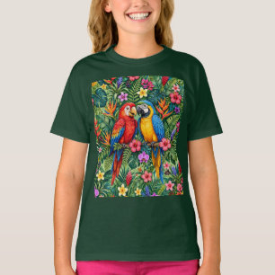 Camiseta Guacamayos de la selva Loros alegres Flores vibran