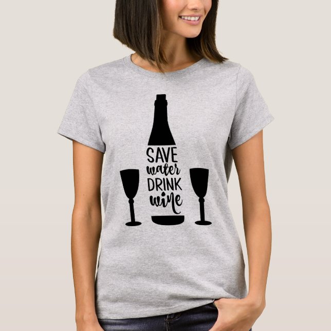Camiseta Guardar agua beber vino Botella negra Dos gafas (Anverso)
