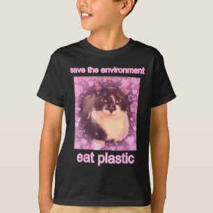 Camiseta Guardar el ambiente Comer Plástico Gracioso Gato M
