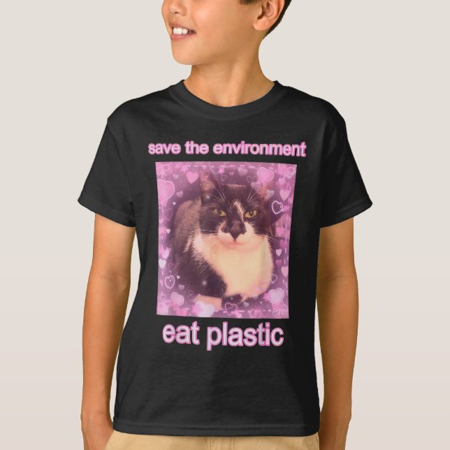 Camiseta Guardar el ambiente Comer Plástico Gracioso Gato M (Anverso)