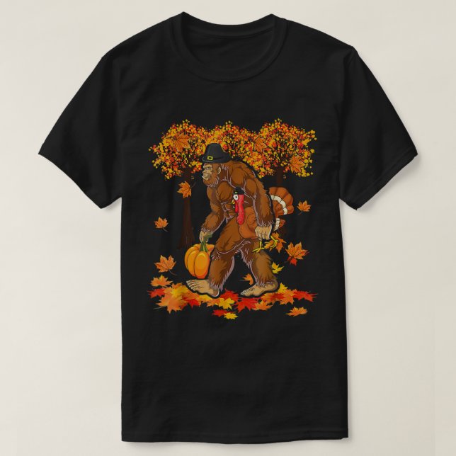 Camiseta Guay Bigfoot Holding Pumpkin Y Turkey Thanksgivi (Diseño del anverso)