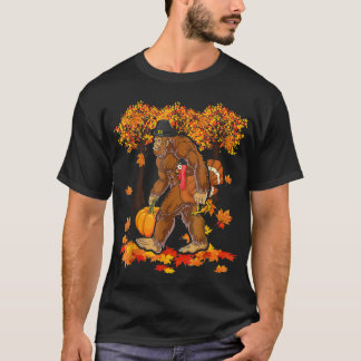 Camiseta Guay Bigfoot Holding Pumpkin Y Turkey Thanksgivi