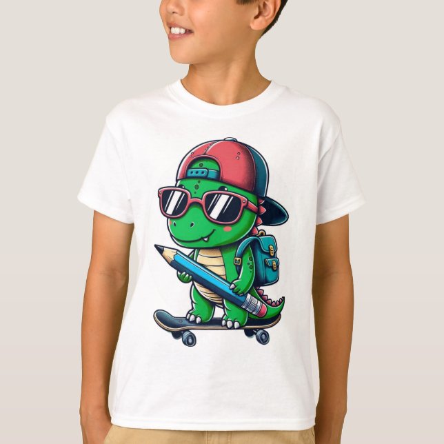 Camiseta Guay Dino Skateboarding de vuelta en el arte escol (Anverso)