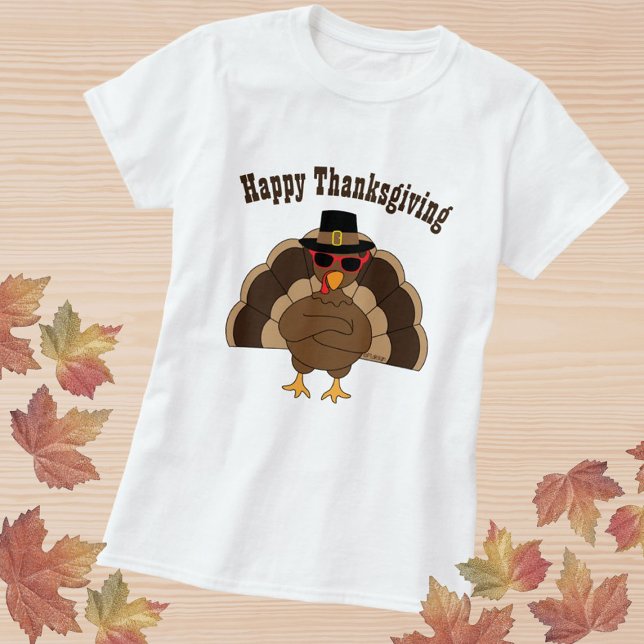 Camiseta Guay divertida turquía Feliz personalizado de Acci (Cool Turkey with sunglasses Happy Thanksgiving T-Shirt with custom text)