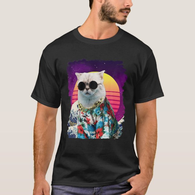 Camiseta Guay Hawaii Cat Vaporwave Synthwave Crazy Cat Pers (Anverso)