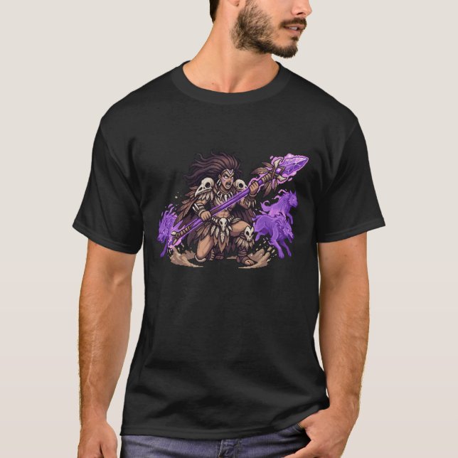 Camiseta Guerrero Chamán de Pixel Art con Lobos Espíritu Fa (Anverso)