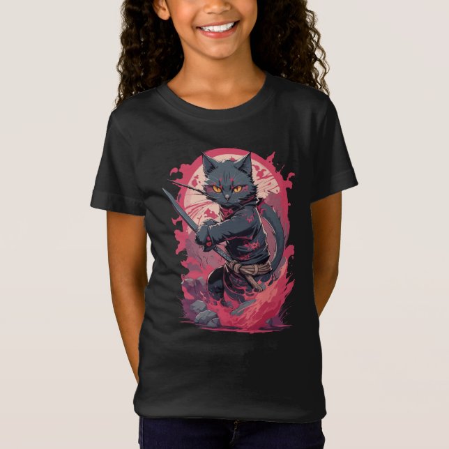 Camiseta Guerrero de Gato Ninja negro con un incendio suave (Anverso)
