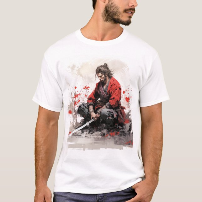 Camiseta Guerrero de Samurai agachándose con una espada dib (Anverso)