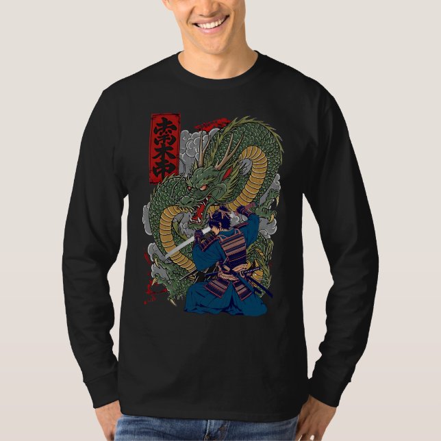 Camiseta Guerrero de Samurai Enfrenta Fierce Dragon Arte Ja (Anverso)