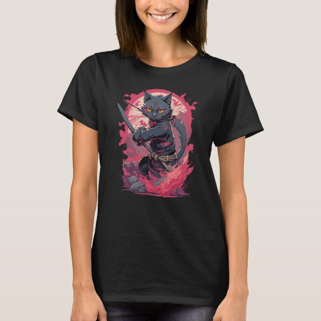 Camiseta Guerrero Gato Ninja Negro Salpicadura de Fuego Bon (Anverso)