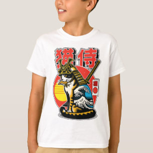 Camiseta Guerrero Gato Samurái – Tatuaje Audaz de Ola Japon