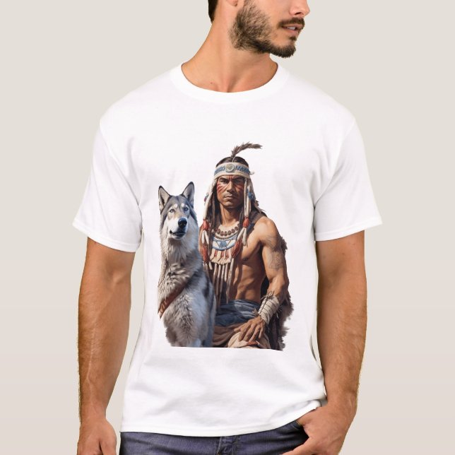 Camiseta Guerrero nativo americano con lobo (Anverso)