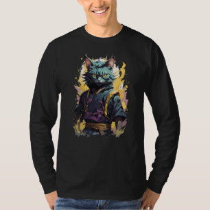 Camiseta Guerrero Ninja de Gato Gris con Salpicaduras de Fu