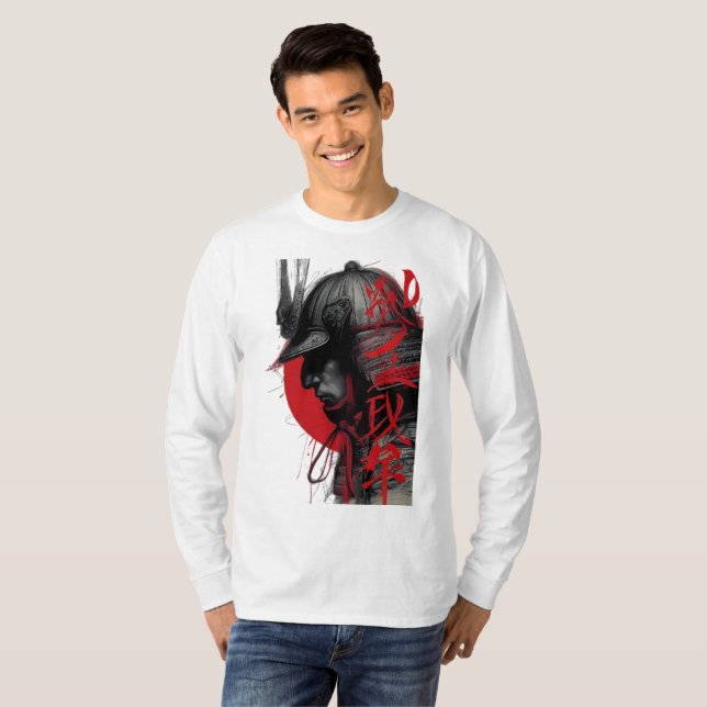 Camiseta Guerrero Samurái Con Borde Sol Rojo Japonés Manga  (Anverso completo)