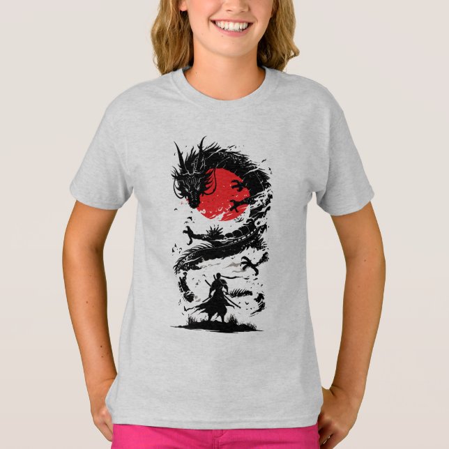 Camiseta Guerrero samurái y batalla de dragones (Anverso)