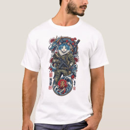 Camiseta Guerrero Táctico Samurái Gato con Dragón y Katana