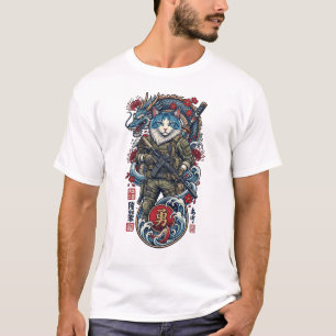 Camiseta Guerrero Táctico Samurái Gato con Dragón y Katana