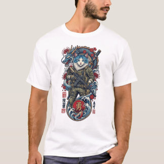 Camiseta Guerrero Táctico Samurái Gato con Dragón y Katana