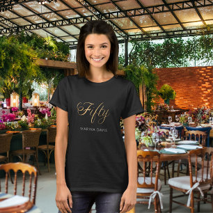 Camiseta Guión de nombre de oro negro 50 cumpleaños