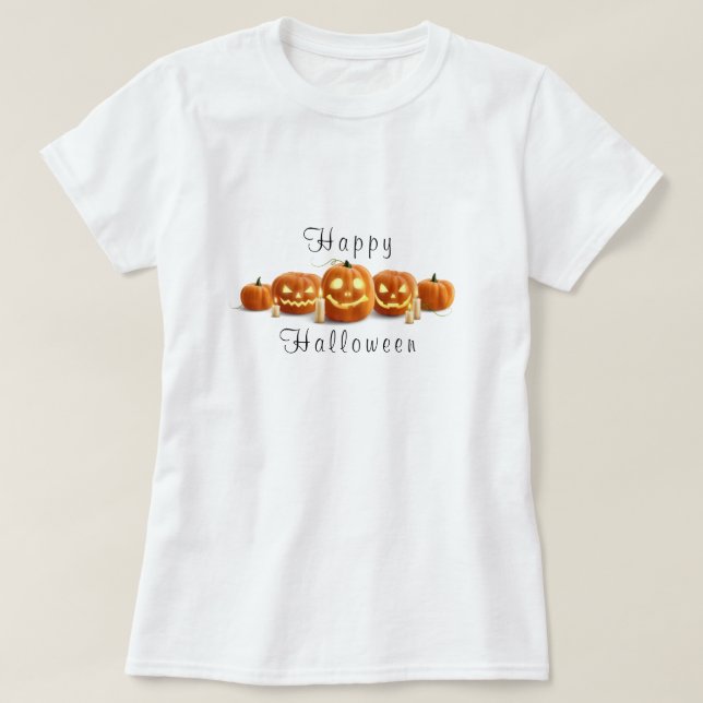 Camiseta Guión "Feliz Halloween" Velas talladas de calabaza (Diseño del anverso)
