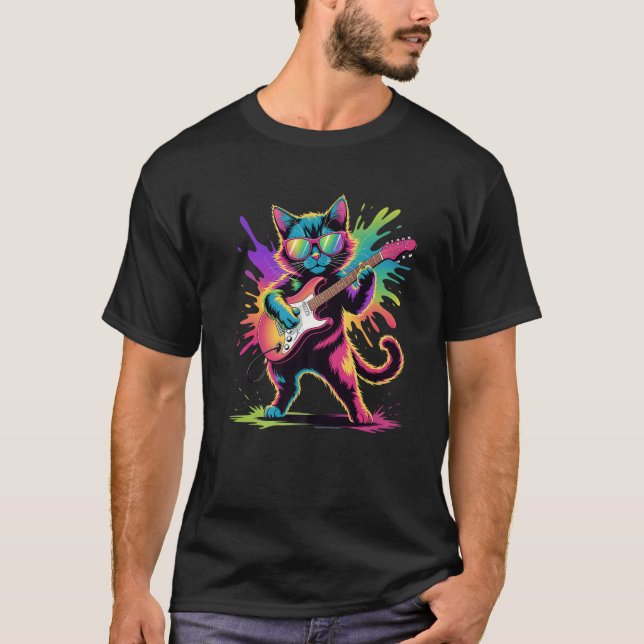 Camiseta Guitar Cat Poster Style Colorful Paint Splatter Ar (Anverso)