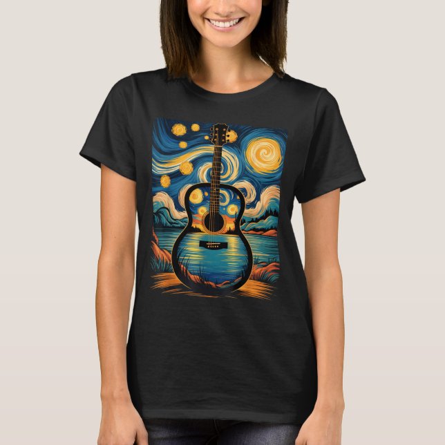 Camiseta Guitar Lake Starry Night Music Guitarist Van Gogh  (Anverso)