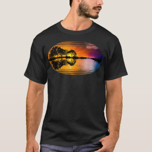 Camiseta Guitar Sunset Sky Trees City Lake Reflection