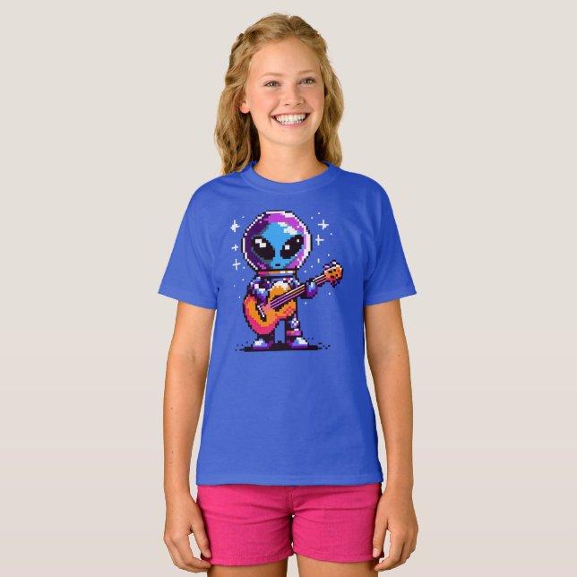 Camiseta Guitarista alienígena de 8 bits - Música espacial  (Anverso completo)