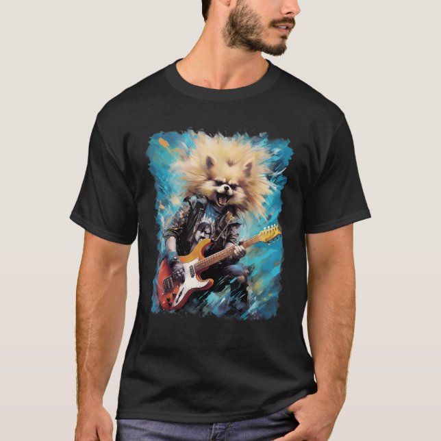 Camiseta Guitarista De Perro Pomeraniano De Rock T Shirt (Anverso)
