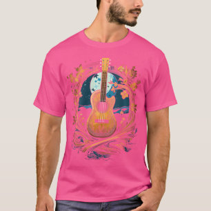 Camiseta Guitarra Acústica Y Luna Con Montañas Y Árboles
