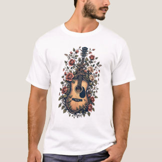 Camiseta guitarra con diseño rosa floreciente