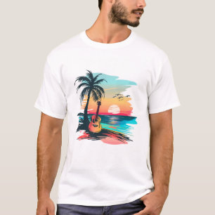 Camiseta Guitarra de puesta de sol tropical Playa Arte Mú
