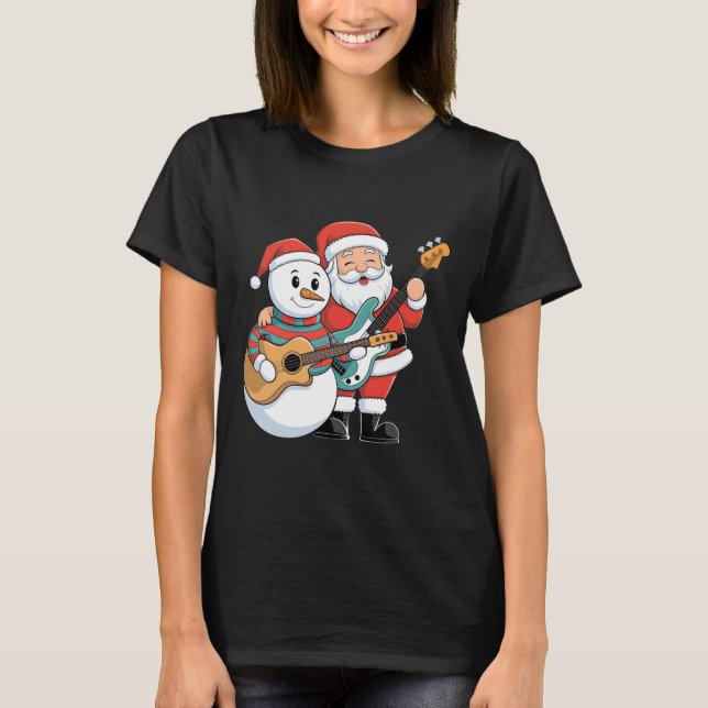 Camiseta Guitarra De Rock Snowman Y Santa Claus Tocan Guita (Anverso)