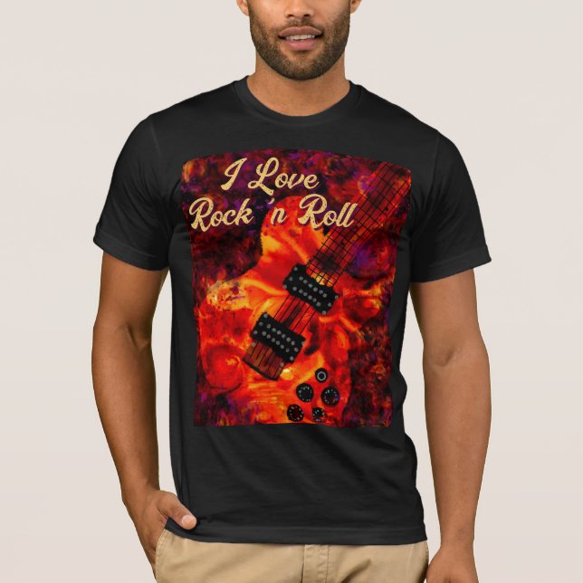 Camiseta Guitarra Eléctrica en Fuego Red Black Love Rock n  (Anverso)