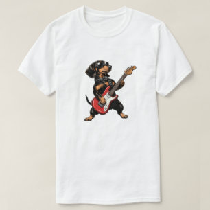 Camiseta Guitarra Eléctrica Rocker Dachshund Negro y Canela