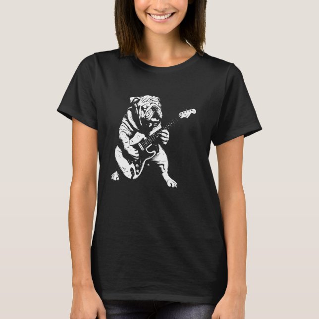 Camiseta Guitarra guitarista de perro - Bulldog inglés papá (Anverso)