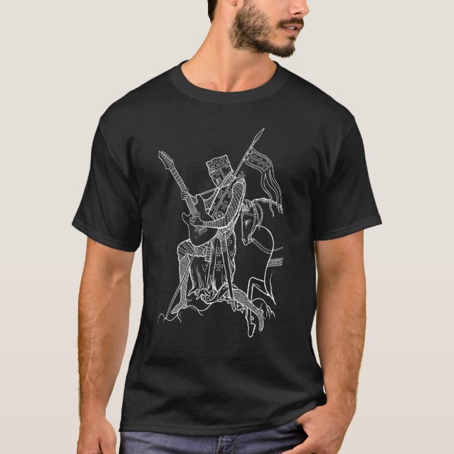 Camiseta Guitarra Jugando Knight Metalizado Templario Folk  (Anverso)