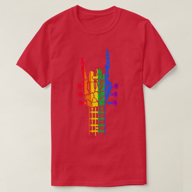 Camiseta Guitarra LGBT Rainbow Pride Skeleton mano Guitaris (Diseño del anverso)