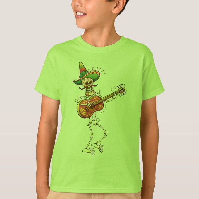 Camiseta Guitarra que juega esquelética mexicana (Anverso)