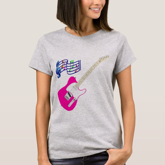 Camiseta Guitarra Rosada Con Notas Musicales (Anverso)