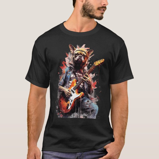 Camiseta Guitarrista de Rock con Perro Puggle (Anverso)